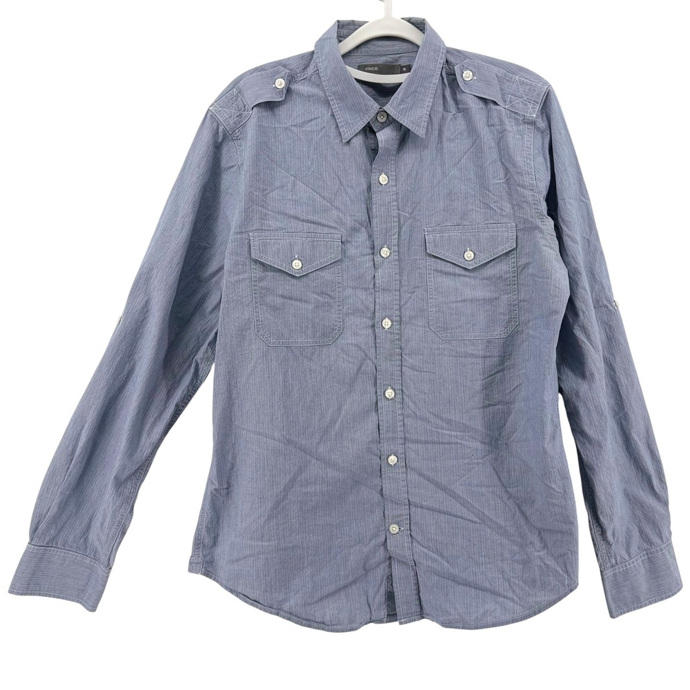 Vince Mens Blue Micro Stripe Military Button Down Shirt Roll Tab Sleeve Size M